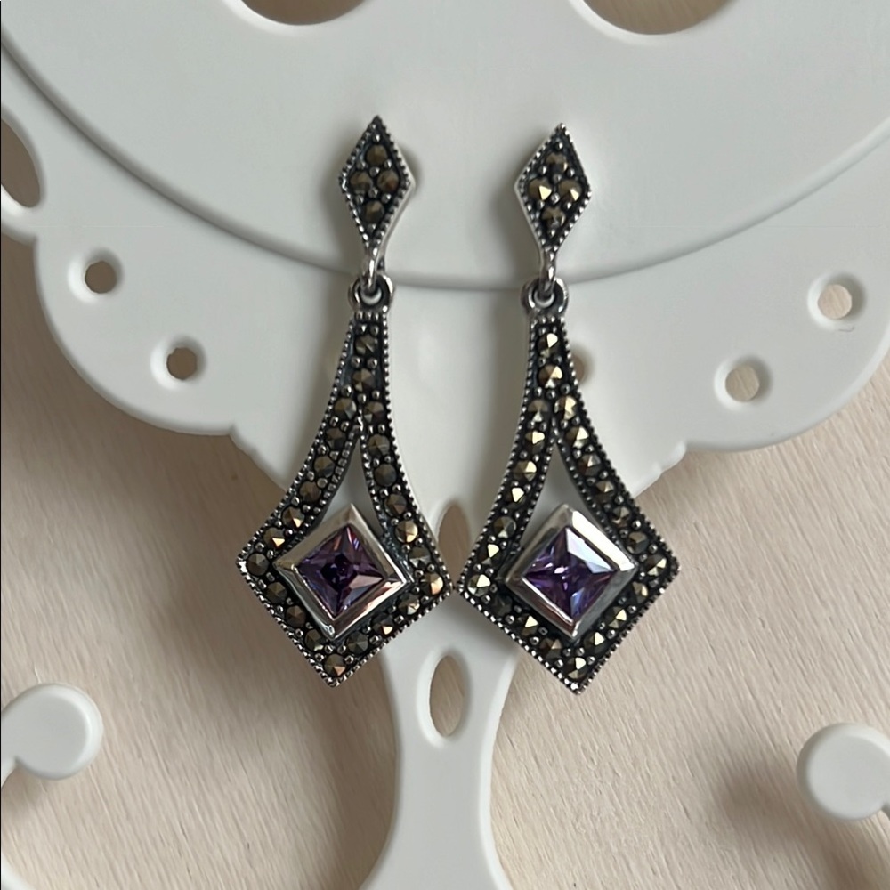Amethyst CZ Marcasite Elegant Silver and Purple Drop Earrings